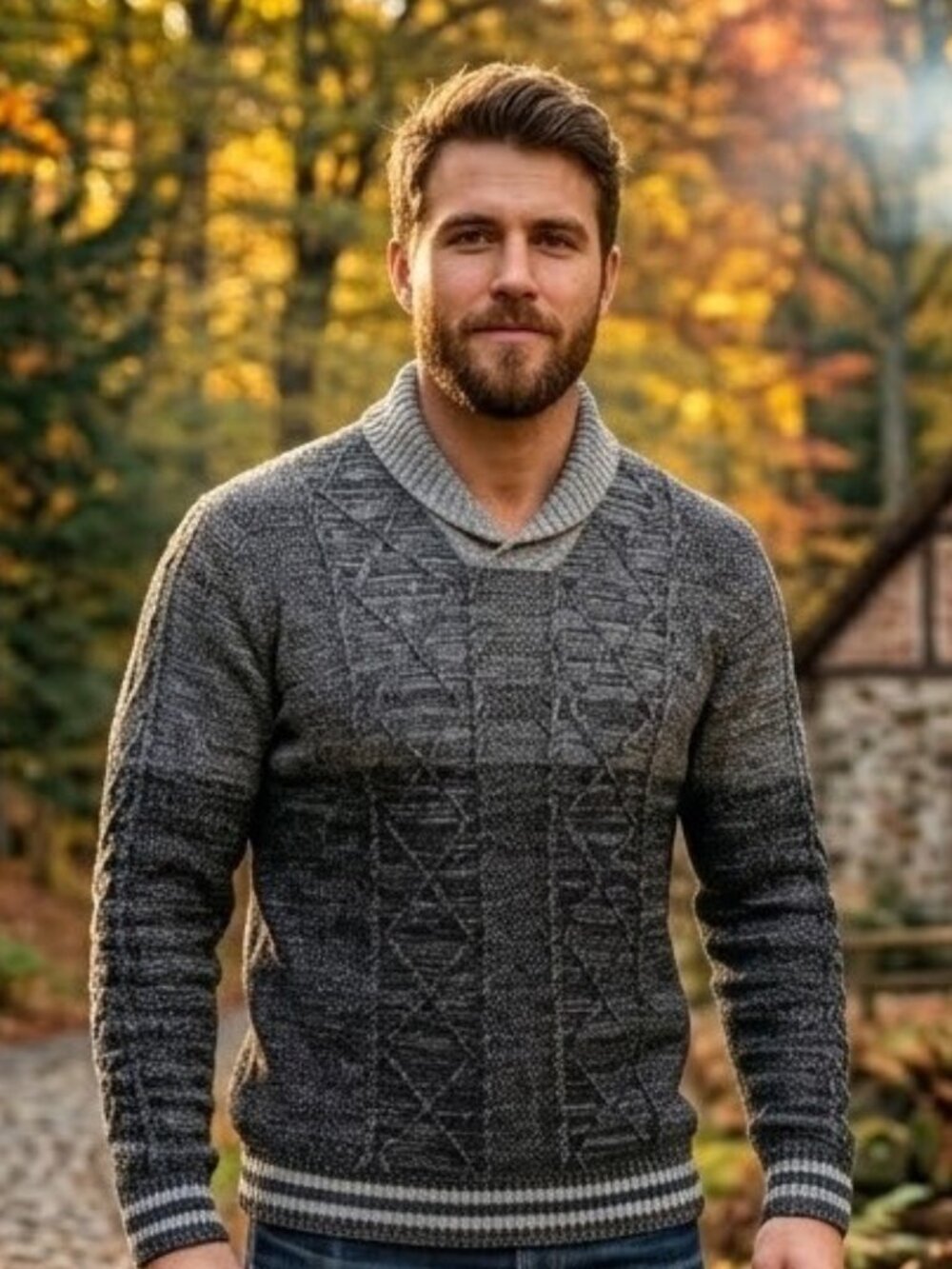 Vintage Lavane New York Men's Size L Cable Knit Shawl Collar Ombre Sweater